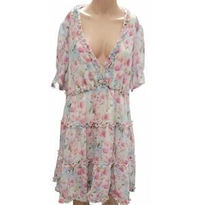 Roschico Women's Pink Multi Color Floral Ruffle Flare Dress Plus Size 2XL